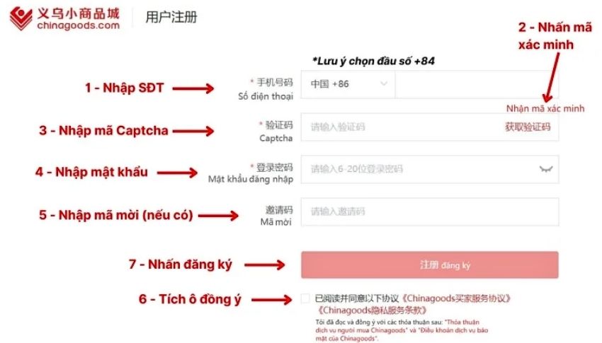 Các bước tạo tài khoản mua hàng trên web Chinagoods