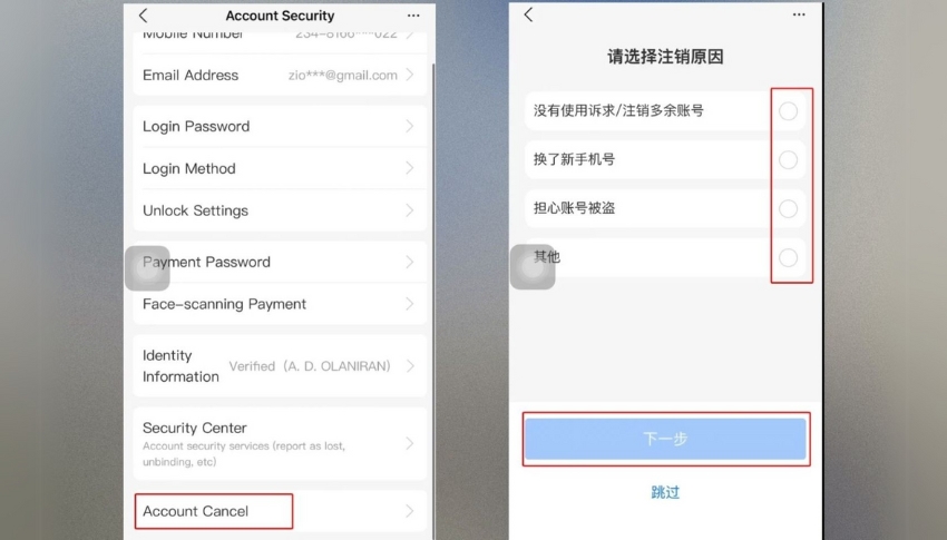 Chọn lý do hủy tài khoản Alipay