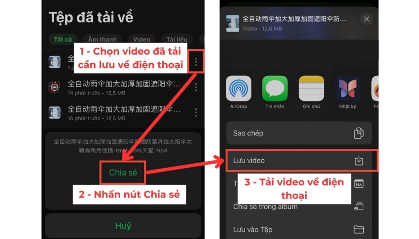 Chọn Chia sẻ rồi nhấn Lưu video là đã hoàn thành cách tải video từ Taobao về điện thoại