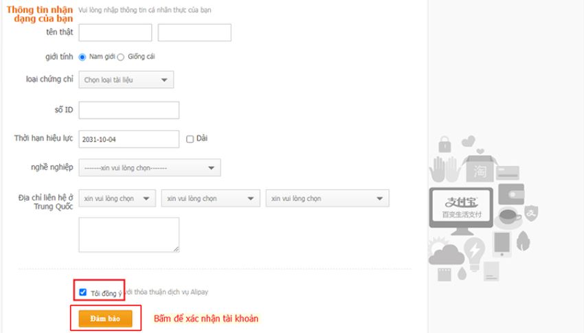 Nhập thông tin thanh toán trên Alipay