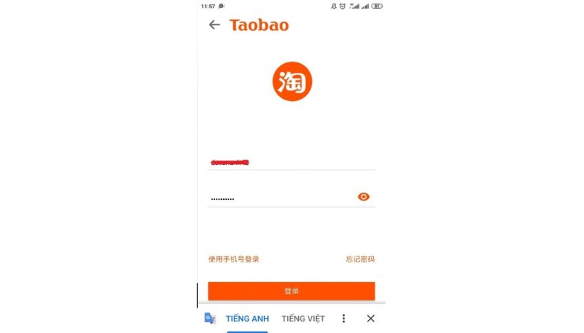 Nhập đầy đủ thông tin đăng nhập tài khoản Taobao