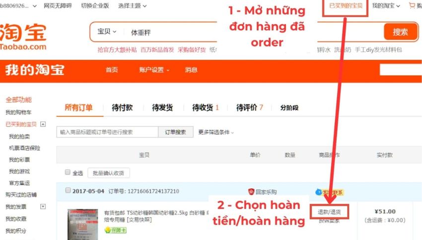 Chọn đơn hàng trên Taobao cần khiếu nại