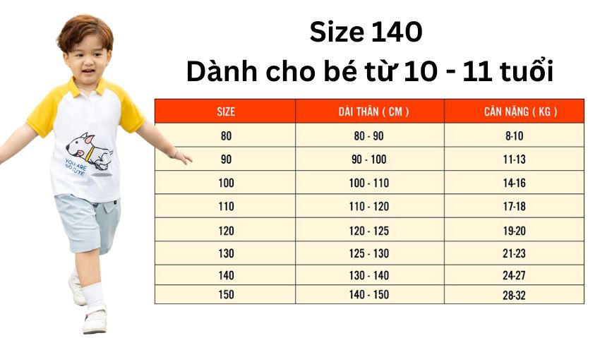 Size 140 dành cho bé bao nhiêu kg?