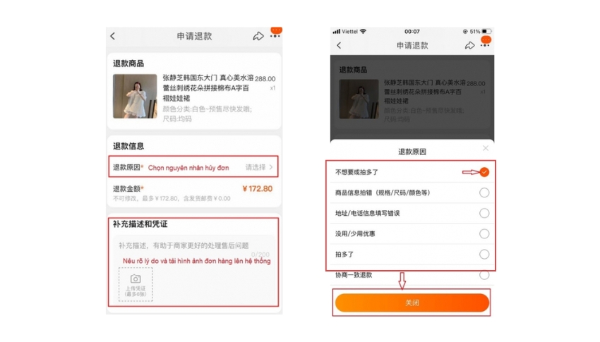 Cung cấp lý do hủy đơn rồi nhấn xác nhận huỷ đơn hàng trên Taobao
