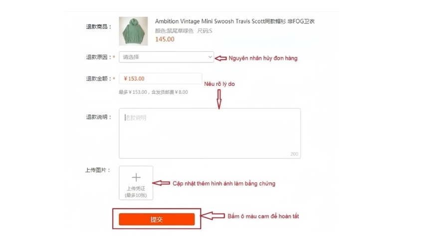 Chọn nguyên nhân để huỷ đơn hàng Taobao