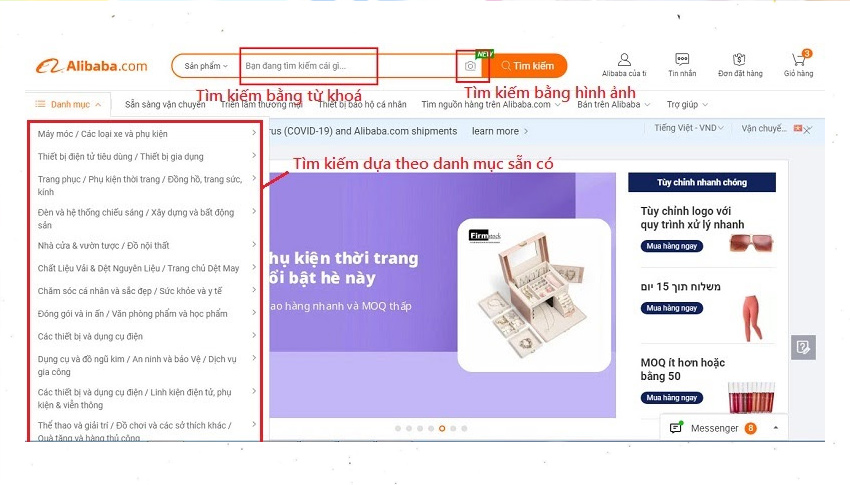 Tìm kiếm sản phẩm Alibaba bằng từ khóa, hình ảnh và danh mục sản phẩm