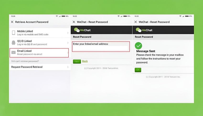 Chọn “Email linked” để bắt đầu lấy lại mật khẩu wechat bằng email