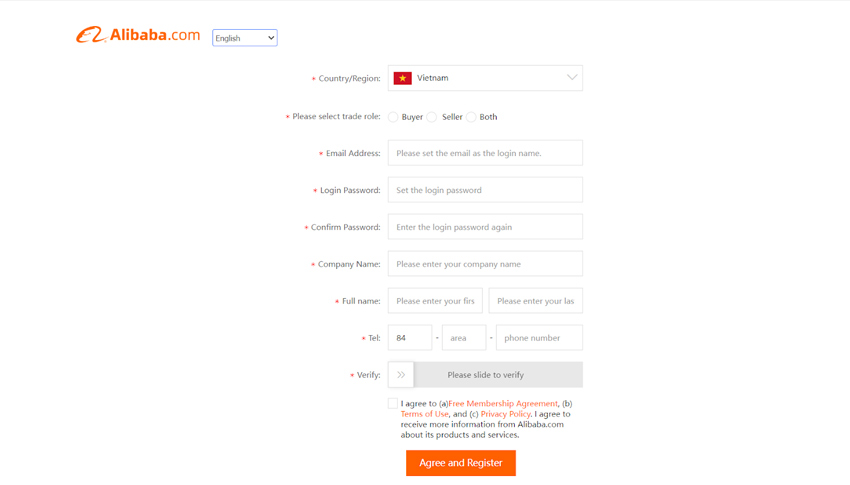 Điền thông tin cá nhân đăng ký tài khoản Alibaba.com