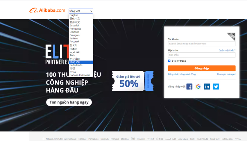  Điền thông tin đăng nhập tài khoản Alibaba