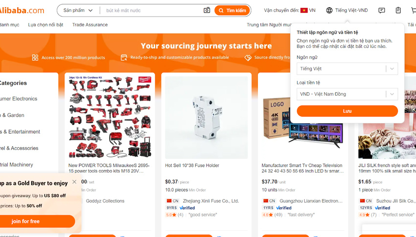 Tìm kiếm sản phẩm cần mua tại Alibaba